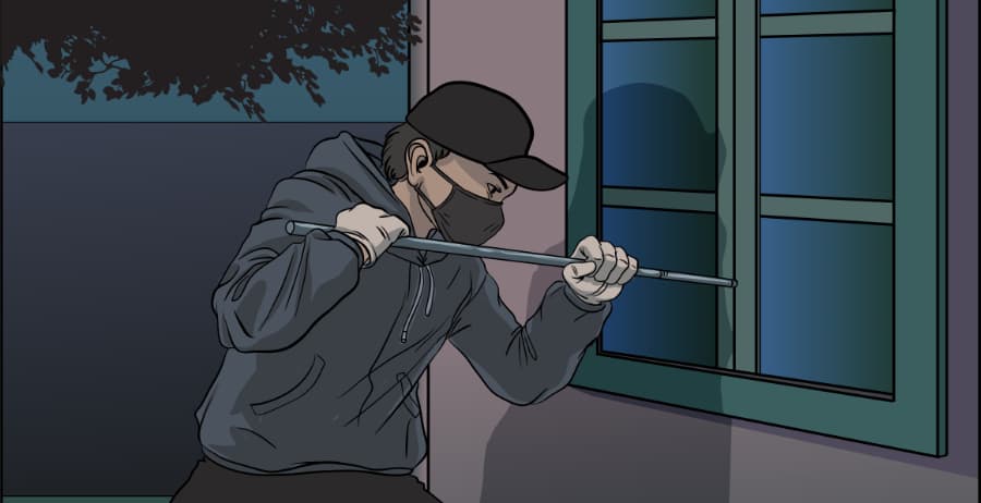 Illustration of burglar forcing entry through a window in Eugene